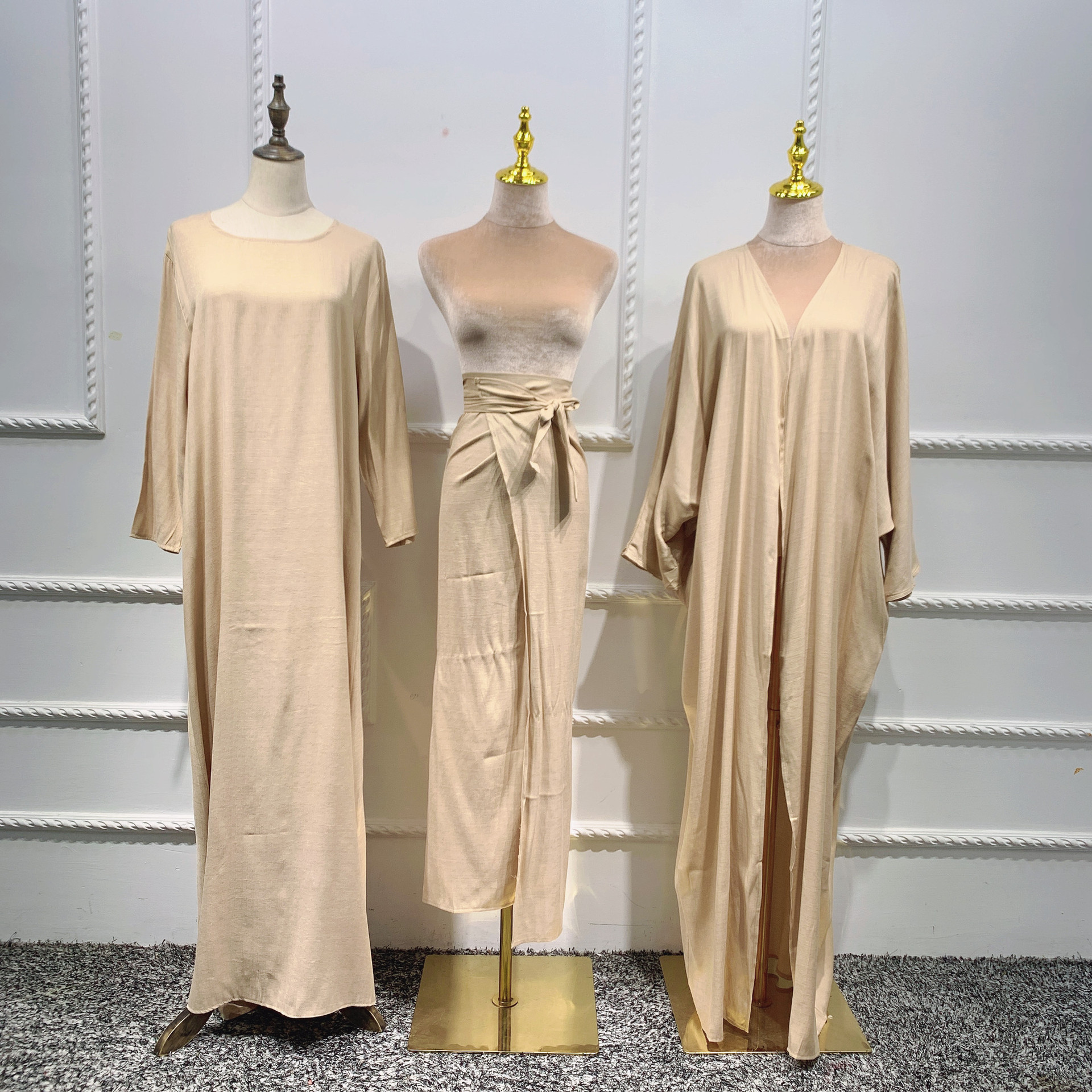 3Pcs Matching Set Women Muslim Abaya Dress fashion Linen Dubai Arabic Modest Outfit islamic Plain cardigan Wrap Front Skirt Eid